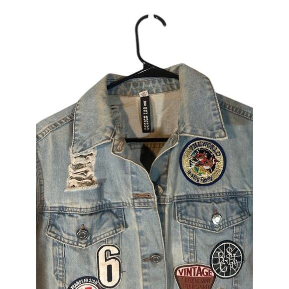Design Lab Lord & Taylor Light Blue Patch Streetwear Denim Jean Jacket Women Med - Picture 5 of 12